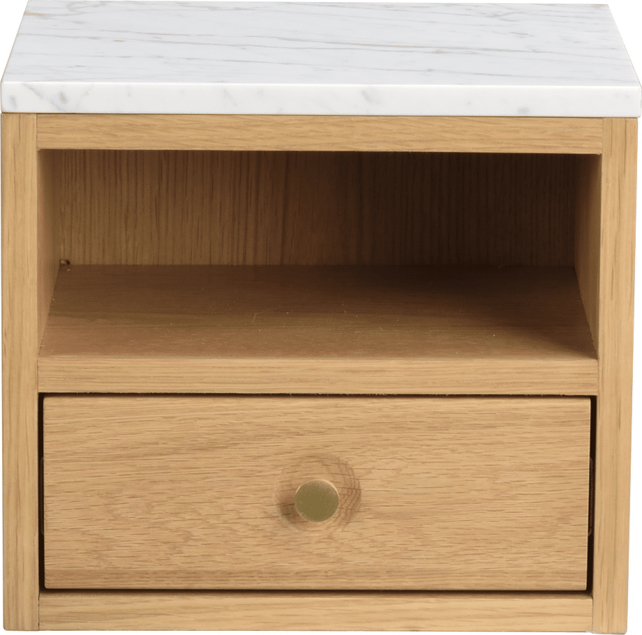 Sengebord og natbord Rowico Whitmore væghængt i lakeret eg med hvid marmortop