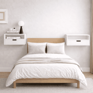 Sæt med 2 vægsengebord - pladsbesparende, skuffe og åbent rum, vægmonteret natbord, B45 x D25 x H22 cm, hvid